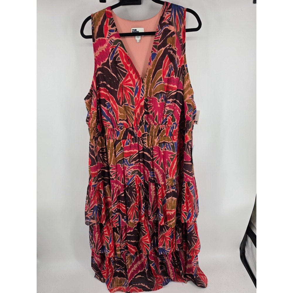 The Good Journey Womens Plus 22W Tropical Leaf Tiered V-Neck Midi Dress Pink Red